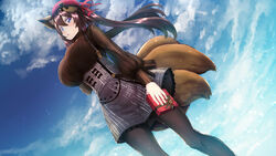  animal_ear_fluff animal_ears black_pantyhose blue_eyes breasts brown_hair caleen_keemosn closed_mouth cloud day female fox_ears fox_girl fox_tail highres large_breasts long_hair looking_at_viewer pantyhose skirt solo star_ocean star_ocean_anamnesis tail valentine yuuki1103 