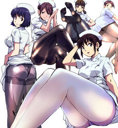  5girls alternate_hairstyle arms_up ass black_legwear blue_hair blue_haired_girl_(kamisimo_90) braid braided_bun breasts brown_eyes brown_hair bun_nurse_(kamisimo_90) buttons commentary double-breasted hair_bun hat invisible_chair kamisimo_90 knee_up knees_up legs long_hair looking_at_viewer medium_breasts multiple_girls nurse nurse_cap original panties panties_under_pantyhose pantyhose ponytail_girl_(kamisimo_90) purple_eyes short_hair short_sleeves simple_background single_hair_bun sitting smile standing thick_thighs thighband_pantyhose thighs tights_day twintails_nurse_(kamisimo_90) underwear white_background white_hat white_legwear 