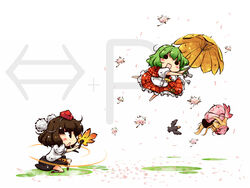  3girls ascot bird black_hair blonde_hair chibi command_input commentary_request crow gameplay_mechanics green_hair guile hand_fan hat hauchiwa kazami_yuuka lily_white multiple_girls okome_(kome_kuma) parasol parody petals plaid plaid_skirt plaid_vest revision seed shameimaru_aya skirt skirt_set solid_circle_eyes sonic_boom_(street_fighter) street_fighter street_fighter_ii_(series) tokin_hat touhou umbrella vest white_background wind 