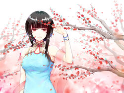  alternate_costume bare_shoulders black_hair blunt_bangs china_dress chinese_clothes chinese_commentary commentary_request dress female flower highres looking_at_viewer nail_polish partial_commentary red_eyes red_flower red_nails shawl short_hair sidelocks sleeveless smile solo tree upper_body warship_girls_r xiao_shei.. yat_sen_(warship_girls_r) 