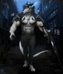  abs anthro athletic barefoot belt biceps big_muscles biped black_body black_fur black_hair blue_eyes bottomwear claws clothed clothing discordnight electronics feet fur grey_body grey_fur gun hair headgear headwear jewelry looking_at_viewer male mammal microphone muscular muscular_anthro muscular_male necklace pacelic pants pecs ranged_weapon rifle science_fiction sergal sniper solo svd tail toe_claws topless vein weapon 