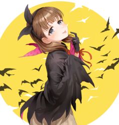  :p bad_id bad_twitter_id bat_(animal) black_gloves black_hairband blue_eyes blush bow brown_hair cloak commentary_request cowboy_shot female full_moon gloves hairband head_tilt heart heart_print idolmaster idolmaster_cinderella_girls looking_at_viewer moon omisoshiru red_ribbon ribbon sakuma_mayu simple_background smile solo tongue tongue_out vampire_costume wrist_ribbon 