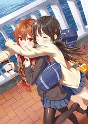  2girls bad_id bad_pixiv_id bag black_hair black_legwear blush brown_eyes brown_hair cardigan closed_eyes commentary_request dutch_angle from_above from_side grin hair_ornament hairclip heirou herringbone hug hug_from_behind long_hair long_sleeves multiple_girls open_mouth original outdoors pantyhose pavement photoshop_(medium) plaid plaid_scarf pleated_skirt scarf school_bag school_uniform shoulder_bag skirt smile water yuri 