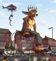  2018 aircraft anthro antlers barefoot bell bell_collar biped black_nose brown_body brown_fur building building_destruction cigarette clothed clothing collar crushed_vehicle cuff_(restraint) deer destruction feet fur green_eyes handcuffs helicopter hi_res hooves horn house macro macro_anthro macro_male male mammal metal_cuffs neighborhood outside plant power_lines recycling_bin restraints sitting sitting_on_building smoking solo street_lamp tirrel tirrel_(tirrel) topless trash_can tree unimpressed vehicle 