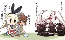  3girls abyssal_ship bad_id bad_pixiv_id bikini blonde_hair bowl brown_eyes brown_hair chibi commentary_request cup cushion dress elbow_gloves food food_on_face fruit gloves glowing glowing_eyes hair_ribbon hand_up headgear kantai_collection long_hair machinery monster multiple_girls open_mouth pear photoshop_(medium) red_eyes rensouhou-chan ribbon sailor_dress shimakaze_(kancolle) southern_ocean_oni striped_clothes striped_thighhighs sweatdrop swimsuit thighhighs tonami_kanji toothpick translated turret twintails white_hair yellow_eyes yukikaze_(kancolle) 