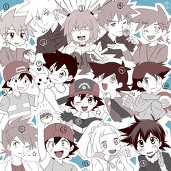  gen_1_pokemon holding holding_poke_ball lillie_(pokemon) nekonekopunyann ookido_shigeru pikachu poke_ball pokemon pokemon_(anime) satoshi_(pokemon) shinji_(pokemon) 