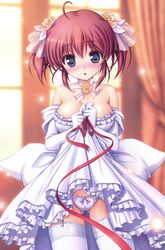  :o bare_shoulders bekkankou blue_eyes blush bow bow_panties breasts brown_hair cleavage clothes_lift cowboy_shot curtains daitoshokan_no_hitsujikai dress dress_lift elbow_gloves embarrassed female full-face_blush garter_straps gloves highres indoors kodachi_nagi large_breasts layered_dress looking_at_viewer panties parted_lips pink_panties purple_panties red_ribbon ribbon scan standing sunlight thighhighs underwear wedding_dress white_dress white_legwear window 