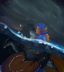  2022 absurd_res alternate_species animal_humanoid arm_scar blue_body blue_hair blue_scales bluedillylee dandelion_(the_witcher) digital_drawing_(artwork) digital_media_(artwork) duo ear_fins fanfiction fin geralt_of_rivia glowing glowing_body glowing_scales hair hi_res hug hugging_another humanoid male male/male marine marine_humanoid merfolk merman_tail mermay multicolored_body multicolored_scales muscular muscular_male night orange_body orange_scales pseudo_hair scales scar scars_all_over sharp_teeth sky smile split_form star starry_sky story story_at_source story_in_description teeth tentacle tentacle_hair the_witcher the_witcher_(series) 