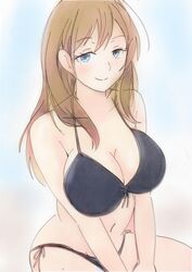  bikini black_bikini blue_eyes breasts brown_hair female hibike!_euphonium highres kuroe_mayu large_breasts long_hair looking_at_viewer marker_(medium) navel potekite smile solo swimsuit traditional_media 