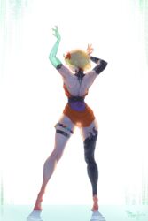  arms_up back blonde_hair dress female flower hades_(series) hades_2 hair_flower hair_ornament highres melinoe_(hades) muscular muscular_female pappaserho pinup_(style) see-through_body solo thighhighs tiptoes 