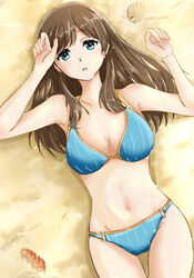  absurdres beach becky_oekaki bikini blue_bikini blue_eyes breasts brown_hair female hibike!_euphonium highres kuroe_mayu large_breasts long_hair lying navel on_back sand shell solo striped_bikini striped_clothes swimsuit wet 