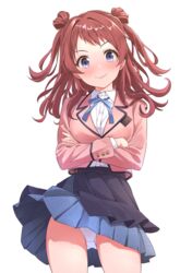  absurdres b1ack_illust black_overskirt blazer blue_ribbon blue_skirt blush breasts brown_hair brown_jacket commentary cowboy_shot cropped_jacket crossed_arms double_bun female gakuen_idolmaster hair_bun hanami_saki hatsuboshi_gakuen_school_uniform highres idolmaster jacket long_hair long_sleeves looking_at_viewer medium_breasts neck_ribbon panties pantyshot pleated_skirt ribbon school_uniform shirt simple_background skirt smile solo two_side_up underwear upskirt white_background white_panties white_shirt 