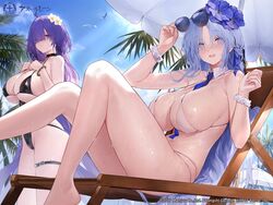  2girls alsace_(azur_lane) alsace_(heat_beating_summer_sacrament)_(azur_lane) artist_request azur_lane belt bikini bird black_choker black_one-piece_swimsuit blue_eyes blue_flower blue_hair blue_sky breasts choker flower groin hair_flower hair_ornament hair_over_one_eye huge_breasts logo long_hair looking_at_viewer mogador_(azur_lane) mogador_(locker_room_lechery)_(azur_lane) multiple_girls official_alternate_costume official_art one-piece_swimsuit outdoors palm_leaf parted_bangs purple_eyes purple_hair seagull sitting sky sunglasses swimsuit thigh_belt thigh_strap very_long_hair white_bikini white_flower 