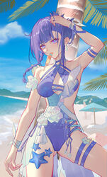  absurdres arm_up ass_visible_through_thighs bare_shoulders beach blue_sky breasts comet_(user_fjsa4577) commentary_request day female highres honkai_(series) honkai_impact_3rd medium_breasts ocean official_alternate_costume outdoors purple_eyes raiden_mei raiden_mei_(crooning_tides)_(honkai_impact) raiden_mei_(herrscher_of_origin) sky solo starfish thigh_strap tree 