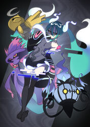  absurdres aqua_hair black_bodysuit bodysuit breasts chandelure covering_own_mouth female full_body ghost_miku_(project_voltage) glitch grey_shirt hand_up hatsune_miku highres hitodama hymgkamui long_hair looking_at_viewer mismagius no_shoes pale_skin pokemon pokemon_(creature) project_voltage shaded_face shedinja shirt sleeveless sleeveless_shirt small_breasts twintails very_long_hair vocaloid yellow_eyes 