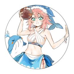  blue_sash bra bracelet breasts coconut cowboy_shot female huan1034097 jewelry looking_at_viewer medium_breasts medium_hair okunoda_miyoi round_image sash sidelocks simple_background solo touhou underwear whale whale_hat white_background white_bra 