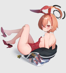  :/ ahoge animal_ears arm_support backless_leotard bandaid bandaid_on_knee bandaid_on_leg blue_archive blush braid breasts bunny_day closed_mouth commentary_request detached_collar earrings fake_animal_ears female floral_print from_side grey_background hairband halo high_heels highres huge_ahoge jacket jewelry knee_up leotard long_sleeves looking_at_viewer mole mole_under_each_eye mole_under_eye multiple_moles neru_(blue_archive) neru_(bunny)_(blue_archive) off_shoulder official_alternate_costume open_clothes open_jacket orange_hair outstretched_leg oversized_breast_cup playboy_bunny puffy_long_sleeves puffy_sleeves pumps rabbit_ears reclining red_eyes red_footwear red_hairband red_leotard shadow shoe_dangle side_braid simple_background single_braid skoll_world sleeves_past_wrists small_breasts solo strapless strapless_leotard stud_earrings sukajan sweat 