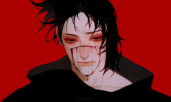  1boy artist_name asymmetrical_hair black_hair black_scarf blood blood_on_face brown_eyes choso_(jujutsu_kaisen) closed_mouth collarbone commentary dripping_blood empty_eyes english_commentary expressionless highres injury jujutsu_kaisen male_focus profile red_background scarf simple_background solo yanh_hyung 