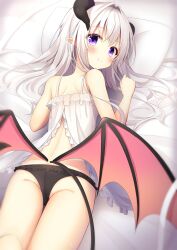  ass babydoll back bare_arms black_panties blurry blush closed_mouth colored_eyelashes commentary demon_girl demon_horns demon_tail demon_wings depth_of_field eyes_visible_through_hair feet_out_of_frame female frilled_panties frills from_behind grey_hair hair_between_eyes hair_intakes hair_spread_out head_on_pillow highres hiragana_iroiro horns long_hair looking_at_viewer looking_back low_wings lying on_bed on_stomach original panties pillow pointy_ears purple_eyes sidelocks smile solo spaghetti_strap split_mouth tail thigh_gap underwear white_babydoll wings 