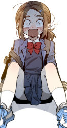  absurdres blush bow bowtie brown_hair female hair_ornament hairclip highres margare open_mouth original school_uniform shirt shoes sitting sneakers socks solo white_background white_shirt 