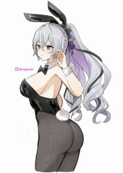  alternate_costume animal_ears black_bow black_bowtie black_leotard black_pantyhose bow bowtie breasts bronya_zaychik bronya_zaychik_(silverwing:_n-ex) bunny_day commentary commentary_request cropped_legs drill_hair fake_animal_ears fake_tail female from_side grey_eyes grey_hair hair_between_eyes highleg highleg_leotard highres honkai_(series) honkai_impact_3rd kuromu_shado large_breasts leotard long_hair pantyhose playboy_bunny rabbit_ears rabbit_tail sideboob smile solo tail twin_drills twitter_username wrist_cuffs 