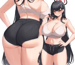  ass bare_arms bare_shoulders black_hair black_shorts blue_archive breasts bright_pupils cleavage collarbone commentary cowboy_shot female hand_on_own_hip hand_up highres kuavera large_breasts long_hair looking_at_viewer multiple_views red_eyes rio_(blue_archive) short_shorts shorts simple_background sports_bra standing thighs underbutt very_long_hair white_background white_pupils 