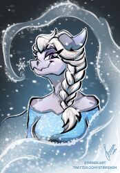  anthro braided_hair clothing disney dress elsa_(frozen) female frozen_(disney) hair hi_res horn kobold looking_at_viewer looking_down markings portrait snowflake solo spots spotted_body stirren 