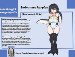  a.c._hunter absurdres bare_shoulders bird bird_legs black_hair blue_background breasts character_profile colored_inner_hair commentary covered_navel digitigrade english_commentary english_text feathered_wings female full_body highres large_breasts leotard looking_at_viewer multicolored_hair orange_hair original penguin reference_inset short_hair solo talons white_leotard winged_arms wings 