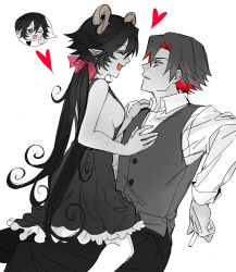  1boy bare_arms black_dress black_hair bow breasts cigarette colored_inner_hair dress female fumus_(funamusea) funamusea genderswap_(mtf) hairbow heart highres holding holding_cigarette huan1034097 long_hair low_twintails multicolored_hair open_mouth pants pink_bow pointy_ears purple_eyes rule_63 satanick_(funamusea) sideboob sideless_dress simple_background smile straight twintails very_long_hair vest white_background 