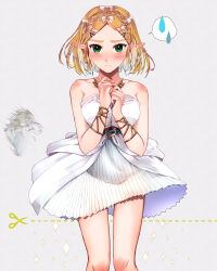  1boy ao_haruki bare_shoulders blonde_hair blush bracelet breasts closed_mouth collarbone commentary_request cowboy_shot dress female green_eyes grey_background highres jewelry link medium_breasts necklace own_hands_together pleated_skirt pointy_ears princess_zelda short_dress short_hair simple_background skirt solo_focus sparkle spoken_sweatdrop strapless strapless_dress sweatdrop the_legend_of_zelda the_legend_of_zelda:_tears_of_the_kingdom white_dress 