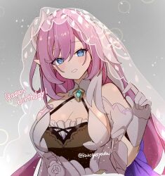  alternate_costume blue_eyes breasts bridal_veil cleavage commentary commentary_request dress elf elysia_(honkai_impact) female gem gloves green_gemstone grey_background hair_between_eyes happy_birthday highres honkai_(series) honkai_impact_3rd kuromu_shado large_breasts long_hair looking_at_viewer multicolored_hair pink_hair pointy_ears smile solo streaked_hair twitter_username upper_body veil very_long_hair white_dress white_gloves white_hair 