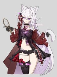  animal_ear_fluff animal_ears black_choker black_gloves black_shorts boots bow bowtie cape cat_ears cat_tail choker comb commentary commentary_request cropped_legs female gloves grey_background hair_intakes highres holding holding_comb holding_own_tail honkai_(series) honkai_impact_3rd kuromu_shado micro_shorts navel parted_lips purple_bow purple_bowtie purple_eyes red_cape scar scar_on_face scar_on_forehead shorts single_bare_leg single_bare_shoulder single_thigh_boot solo stomach tail thelema_nutriscu thigh_boots twitter_username white_hair 