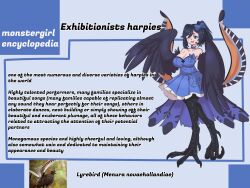  a.c._hunter absurdres bird_legs black_feathers black_wings blue_background blue_bow blue_choker blue_dress blue_tail bow breasts character_profile choker cleavage commentary digitigrade dress english_commentary english_text feathered_wings feathers female full_body hairbow headset highres large_breasts looking_at_viewer musical_note musical_note_print original ponytail reference_inset short_hair solo standing standing_on_one_leg talons winged_arms wings 