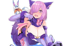  all_fours animal_ear_fluff animal_ears bare_shoulders blush boots bow breasts claws cleavage elbow_gloves fate/grand_order fate_(series) female fou_(fate) fur-trimmed_boots fur-trimmed_gloves fur_trim gloves hair_over_one_eye halloween_costume hand_up kiriyama lace-trimmed_legwear lace_trim large_breasts looking_at_viewer mash_kyrielight mash_kyrielight_(dangerous_beast) oerba_yun_fang official_alternate_costume open_mouth pink_bow purple_eyes purple_footwear purple_gloves purple_hair revealing_clothes simple_background solo tail thigh_boots tongue two-tone_bow white_background wolf_ears wolf_tail 