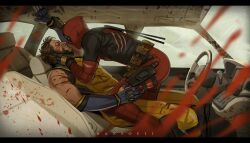  2boys absurdres arm_up belt belt_pouch blood blood_on_arm blood_on_clothes blood_on_face blood_splatter blue_gloves broken_window brown_belt brown_eyes brown_hair car car_interior claw_(weapon) commentary curled_fingers deadpool deadpool_&amp;_wolverine deadpool_(series) elbow_gloves english_commentary eye_contact facial_hair feet_out_of_frame gloves hand_on_another&#039;s_neck hand_on_another&#039;s_thigh hand_on_another&#039;s_wrist hansoeii highres holster looking_at_another male_focus marvel motor_vehicle multiple_boys no_pupils pouch reclining red_mask sitting smile steering_wheel straddling superhero_costume teeth thigh_holster torn_clothes twitter_username weapon white_eyes wolverine_(x-men) x-men yaoi 