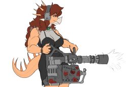  anthro aquilops big_breasts breasts brown_hair cavemanon_studios ceratopsian choker cleavage clothed clothing colored dinosaur female gatling_gun goodbye_volcano_high gun hair jewelry long_hair machine_gun minigun muscular necklace orange_body ornithischian prehistoric_species prometheuzone ranged_weapon red_eyes reptile rosa_(gvh) scalie shooting shooting_gun side_view simple_background snoot_game solo spiked_tail spikes spikes_(anatomy) tail translucent translucent_clothing weapon white_background 