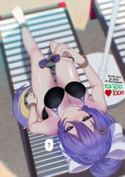  ? anklet beach black_one-piece_swimsuit breasts chair female from_above highres holding holding_removed_eyewear hololive hololive_indonesia jewelry jitome kaiyen large_breasts long_hair lounge_chair moona_hoshinova one-piece_swimsuit ponytail purple_eyes purple_hair spoken_question_mark sunglasses swimsuit unworn_eyewear virtual_youtuber 