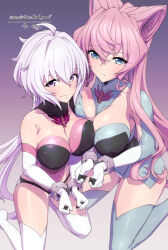  2girls ahoge blue_eyes blush breasts cleavage hair_between_eyes huge_breasts large_breasts leotard long_hair looking_at_viewer low_twintails maria_cadenzavna_eve multiple_girls pink_hair purple_eyes senki_zesshou_symphogear simple_background thighhighs twintails uganda_(ugandam_00) undersuit very_long_hair white_hair wrist_cuffs yukine_chris 