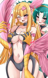  2girls absurdres animal_hands black_bodysuit blonde_hair blush bodysuit breasts brown_eyes cleavage clothing_cutout cowboy_shot duel_monster feathered_wings grabbing_another&#039;s_breast grabbing_from_behind green_hair groping harpie_carla harpie_girl_(yu-gi-oh!) heart highres large_breasts long_hair multiple_girls musical_note navel one_eye_closed parted_lips pink_eyes smile sound_effects stomach_cutout winged_arms wings ya-man yu-gi-oh! yuri 