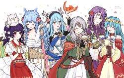  1boy 5girls animal_on_head aqua_hair azura_(song&#039;s_reflection)_(fire_emblem) bare_shoulders bird bird_on_head blue_hair blush braid breasts chest_sarashi closed_eyes closed_mouth dragon_wings dress eirika_(fire_emblem) eirika_(valentine)_(fire_emblem) feh_(fire_emblem_heroes) fire_emblem fire_emblem:_radiant_dawn fire_emblem:_the_sacred_stones fire_emblem_fates fire_emblem_heroes flower green_robe grey_hair hair_between_eyes hair_flower hair_ornament heidrun_(fire_emblem) highres long_bangs long_hair lyon_(fire_emblem) lyon_(valentine)_(fire_emblem) medium_hair micaiah_(dawning_maiden)_(fire_emblem) micaiah_(fire_emblem) misato_hao multiple_girls myrrh_(fire_emblem) myrrh_(valentine)_(fire_emblem) official_alternate_costume on_head open_mouth owl own_hands_together purple_hair purple_robe red_dress red_eyes robe sarashi twintails white_dress wings yellow_eyes yune_(fire_emblem) 