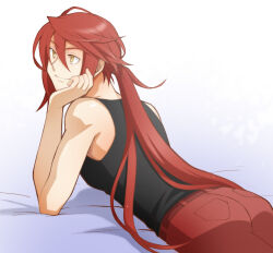  1boy aaron_wei ashibe-kaoru ass belt black_tank_top closed_mouth commentary_request eiyuu_densetsu hair_between_eyes kuro_no_kiseki_(series) kuro_no_kiseki_i low_ponytail lying male_focus on_stomach pants red_hair red_pants smile solo tank_top yellow_eyes 