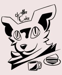  2024 absurd_res anthro artist_name beverage black_and_white black_shading bust_portrait cake canid canine canis coffee coffee_mug dessert digital_drawing_(artwork) digital_media_(artwork) domestic_dog english_text food fur hair headshot_portrait hi_res icon koffeecake koffeecake_(character) male mammal monochrome mythological_canine mythological_creature mythology portrait self_portrait shaded signature simple_background smile solo text 