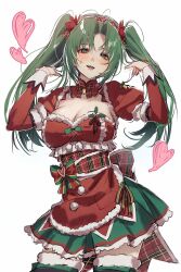  absurdres alternate_costume apron blush bow breasts bsgkstnals03 cleavage cowboy_shot detached_collar dress female fur_trim green_eyes green_hair hairband hands_in_own_hair heart highres higurashi_no_naku_koro_ni higurashi_no_naku_koro_ni_mei large_breasts looking_at_viewer official_alternate_costume official_alternate_hairstyle parted_bangs puffy_sleeves raised_eyebrows red_apron ribbon santa_dress sidelocks simple_background solo sonozaki_mion standing sweat thighhighs twintails white_background 