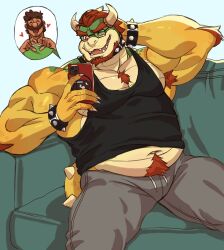  anthro arm_tuft armpit_hair barazoku beard belly biceps black_clothing black_shirt black_tank_top black_topwear blue_background blush body_hair bottomwear bowser bowser_day bracelet bullet_bill cellphone chest_hair chest_tuft clothed clothing deltoids drawstring duo electronics eyewear facial_hair forearm_muscles furniture glasses green_clothing green_shirt green_topwear hair hand_on_head heart_symbol hi_res human inside jewelry koops looking_at_smartphone luigi male male/male mammal manly mario_bros musclegut muscular navel nintendo on_sofa pants paper_mario pecs phone pubes red_hair romantic romantic_couple shirt shoulder_tuft simple_background sitting smartphone smile sofa speech_bubble spiked_bracelet spikes sweatpants talking_to_another tank_top topwear triceps tuft wetghost 