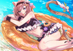  absurdres animal_ears bare_legs bare_shoulders beach bikini black_bikini black_headband blue_eyes breasts cat_ears cat_girl cat_tail feet_out_of_frame frilled_bikini frills green_eyes hair_ornament headband heterochromia highres holding_floatie honkai_(series) honkai_impact_3rd looking_at_viewer lying lying_on_water navel on_side open_mouth pardofelis pardofelis_(midsummer_collector) scrunchie short_hair stomach swimsuit tail thighs wrist_scrunchie yun-yang 