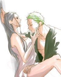  1boy black_hair blue_eyes commentary_request female green_hair green_kimono hand_on_another&#039;s_cheek hand_on_another&#039;s_face highres japanese_clothes kimono light_smile long_hair looking_at_another nico_robin one_piece piry profile roronoa_zoro scar scar_across_eye short_hair sidelocks simple_background sitting 