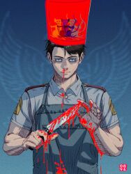  1boy afterimage apron black_hair blood blood_on_clothes blood_on_hands blue_apron blue_background blue_shirt chef_hat coat_of_arms collared_shirt commentary crazy_eyes dayung_sunggi grabbing_another&#039;s_hair hat holding holding_knife indonesian_commentary knife looking_down male_focus mouse_(animal) nosebleed original police police_uniform ratatouille shirt short_hair silhouette solo uniform upper_body very_short_hair 