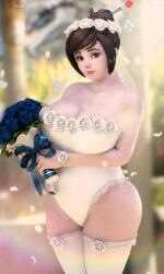  3d absurdres artist_name bare_shoulders blue_flower blurry bouquet breasts bridal_veil brown_eyes brown_hair cleavage collarbone cowboy_shot curvy depth_of_field flower fugtrup hair_flower hair_ornament hair_stick highres holding holding_bouquet huge_breasts leotard looking_at_viewer mei_(overwatch) no_eyewear nontraditional_wedding_dress overwatch overwatch_1 rainbow strapless strapless_leotard thighhighs veil white_leotard white_thighhighs 