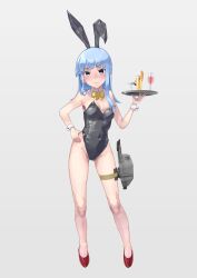  absurdres adapted_turret animal_ears black_leotard blue_eyes blue_hair bow bowtie breasts cannon covered_navel cup detached_collar drink drinking_glass fake_animal_ears female full_body grey_background hand_on_own_hip hatsukaze_(kancolle) high_heels highleg highleg_leotard highres kantai_collection leotard long_hair looking_at_viewer pantyhose playboy_bunny rabbit_ears red_footwear simple_background small_breasts solo strapless strapless_leotard thighband_pantyhose tray turret wrist_cuffs yellow_bow yellow_bowtie yuushou 