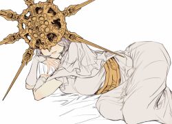  dark_souls_(series) dark_souls_i dark_sun_gwyndolin dress facing_viewer female genderswap_(mtf) gold_headwear grey_dress grey_hair helmet highres lying on_side rule_63 short_hair short_sleeves simple_background solo spiked_helmet white_background zunkome 